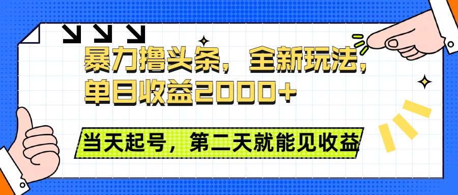 暴力撸头条全新玩法，单日收益2000+，小白也能无脑操作，当天起号，第二天见收益